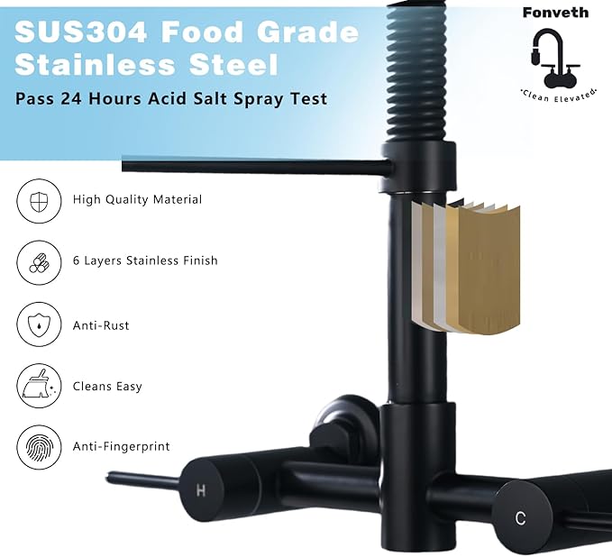 Wall Mount Kitchen Faucet, 8 Inch Center Wall Mount Kitchen Sink Faucet with Pull Down Sprayer, Commercial, Black