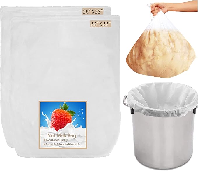 Brew Bag Cheesecloth Cheese Cloths for Straining Reusable Cheese Cloth Bags Large 2Pack 26"x22"Fine Mesh Strainer Bag for Brewing Hops Grains Fruit Cider Apple Grape Wine Beer Nut Milk Making (large)