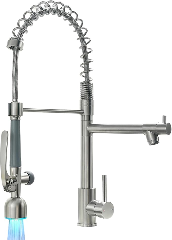 Fapully Commercial Single Handle Pull Down Sprayer Brushed Nickel Kitchen Faucet, Kitchen Sink Faucet with LED Light
