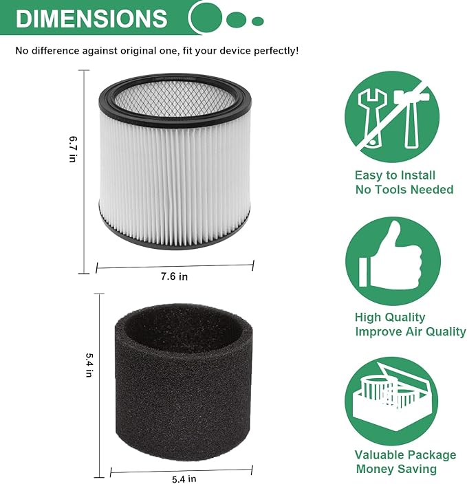(2) 90304 HEPA Cartridge Replacement Filter with Lids + (4) 90585 Foam Sleeves, Compatible with Shop-Vac 90304, 90350, 90333, Shop Vac 903-04-00, 9030400, 90585, 5 Gallon up Wet/Dry Vacuum Cleaner - AquaVibe