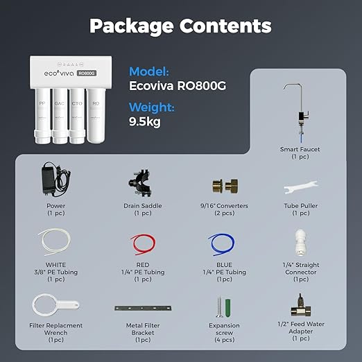 Ecoviva 800GPD UnderSink Reverse Osmosis Water Filter RO Tankless Filtration System, Alkaline Water pH+, 8-Stage Filtration, Meet NSF/ANSI 58 Standard, 3:1 Pure-to-Drain Filter, with LED Smart Faucet