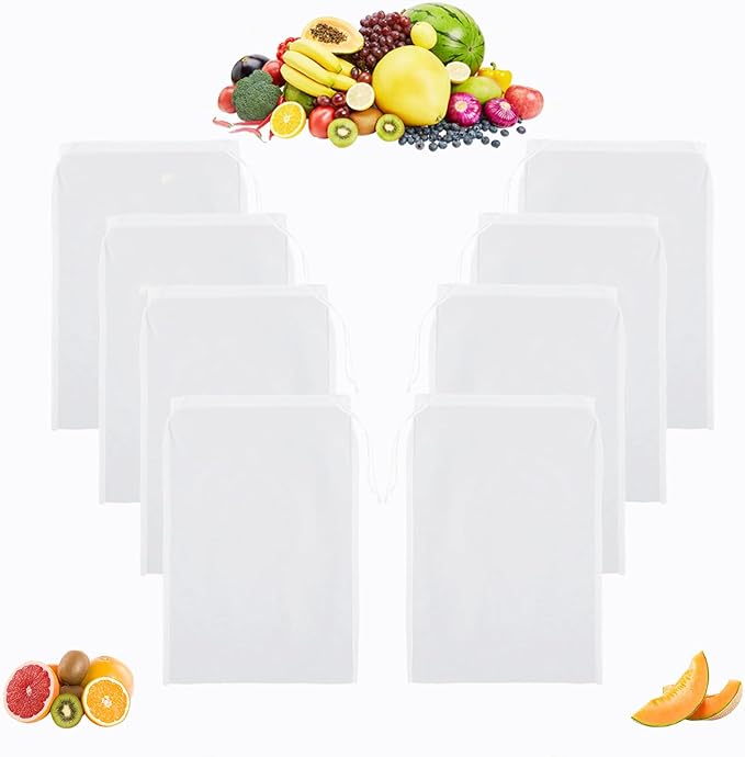 8pcs Nylon Nut Milk Bag 8×12 Inches Fine 200 Micron Cheese Cloth Filter Bag Multiple Usage Reusable Food Strainer Professional Cold Brew Filter for Kitchen Straining Juice Coffee Yogurt Tea