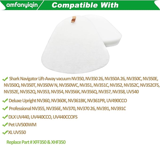 Filter Replacements Compatible with Shark Navigator Lift-Away vacuum NV350 NV351 NV352 NV357 UV540,Deluxe NV360 UV440,Professional NV355 NV370 NV391,2-Sets Foam & Felt,Replace Part # XFF350 & # XHF350 - AquaVibe