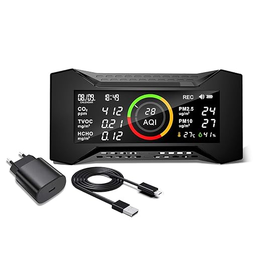 8-in-1 Air Quality Monitor Indoor, Portable Air Quality Tester CO2 Monitor (PM2.5, PM10, CO2, VOC, Formaldehyde, Humidity, Temp)