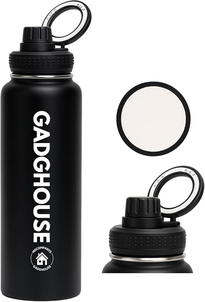 GadgHouse 40oz Stainless Steel Water Bottle with Magnetic Phone Holder, Compatible with Apple and Android. Leakproof, Insulated, BPA-Free, Keeps Hot 12H Cold 24H, for Gym, Office, Travel (ONYX BLACK)
