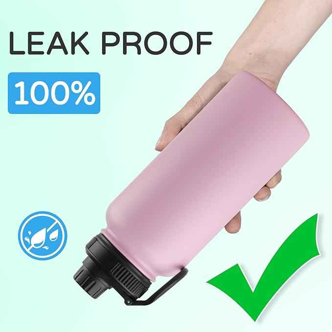DOMICARE 32 oz Insulated Water Bottle, Vacuum Insulated Stainless Steel Sports Water Bottle with Straw Lid & Spout Lid, Leakproof, Reusable - Travel, Camping, Bike, Pink