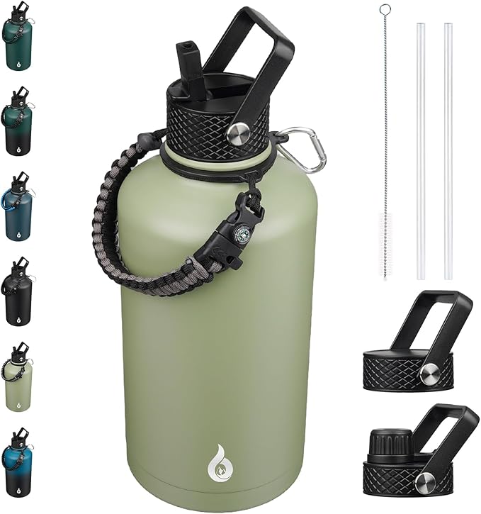 BJPKPK 2/3 Gallon Water Bottle with Straw Lid, 87oz Large, Stainless Steel Water Bottles with 3 Lids and Paracord Strap, Double Wall Vacuum Metal Water Jug, Camp Green