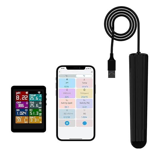 Smart 7-in-1 Water Quality Monitor, pH TDS EC ORP Temperature Salinity Meter for Freshwater & Saltwater Aquariums, Hydroponics-Large Full-Color Display Upgraded Version