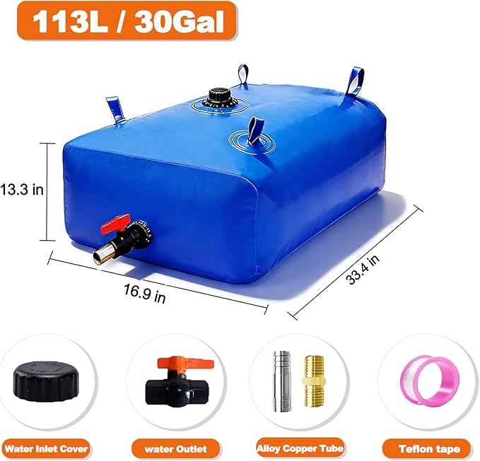 113 L/30 Gal Water Bladder Tank, Foldable Portable Water Storage Container, Emergency Water Bag for RV, Truck Bed, Fire Prevention, Drought Resistance, Blue