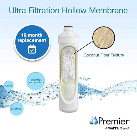 Watts Premier Pure UF-3 Membrane Filter for RO Pure Reverse Osmosis System, 0.2-Micron Water Filter Replacement, Push Button Assembly, Reduces Sediments and Particles - AquaVibe
