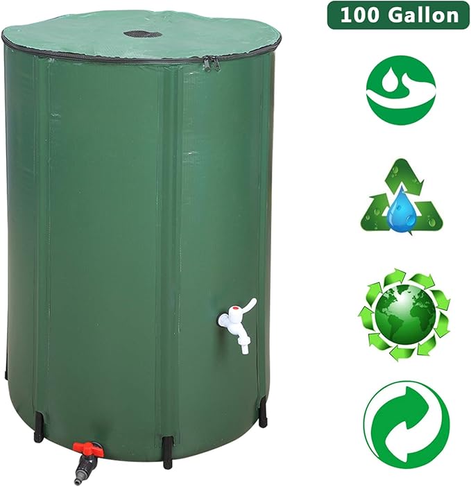 Outvita 100 Gallon Collapsible Rain Barrel, Rainwater Collection System, Portable Foldable Garden Water Storage Tank, Water Catcher with Filter Overflow Kit Faucet Green