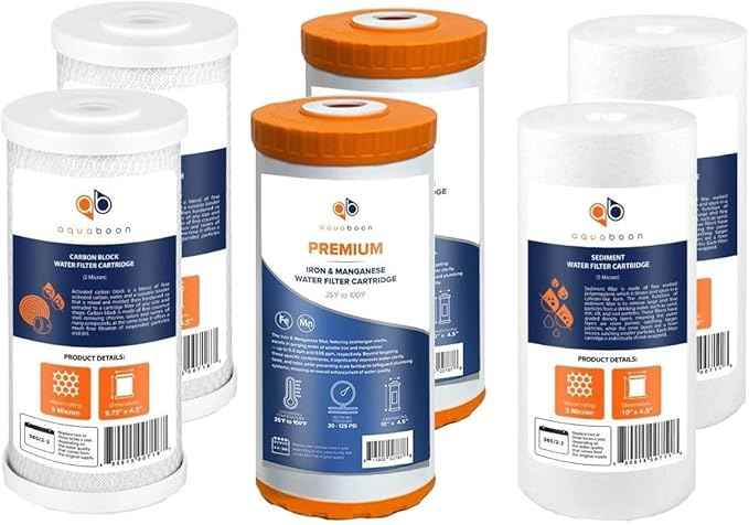 Aquaboon 5 Micron 10 x 4.5 Carbon Block Chlorine Reduction, KDF Heavy Metals Purification Cartrige and Sediment Water Filter - Whole House Water Filter Replacement, 2-Pack