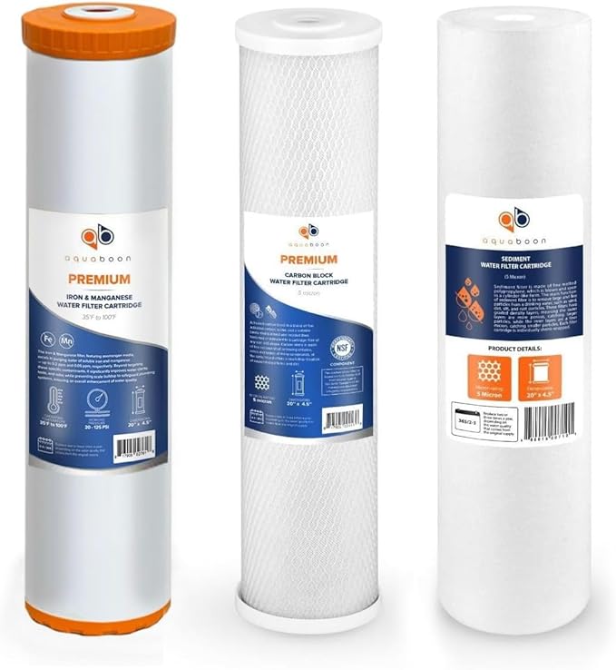 Aquaboon 5 Micron 20 x 4.5 Whole House Water Filter Replacement Cartridge Set: Sediment, Iron & Manganese, CTO for 3-Stage Water Filtration System 1 Pack