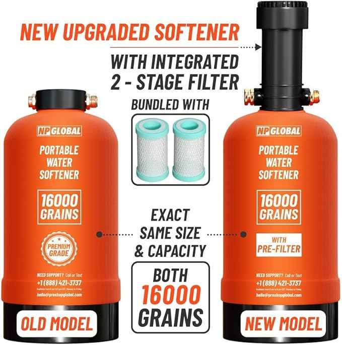 RV Water Softener Portable with Integrated 2 Stage Water Filter System - 16,000 Grain, 3/4" GHT Fittings, Convenient Water Softener for RVs, Trailers, Boats, Mobile Car Washing, Pressure Washing