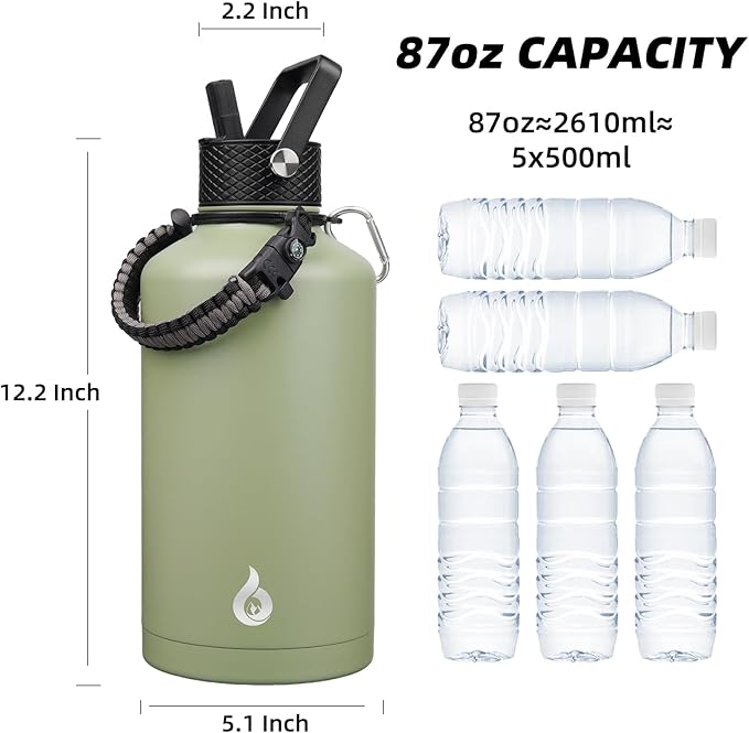BJPKPK 2/3 Gallon Water Bottle with Straw Lid, 87oz Large, Stainless Steel Water Bottles with 3 Lids and Paracord Strap, Double Wall Vacuum Metal Water Jug, Camp Green