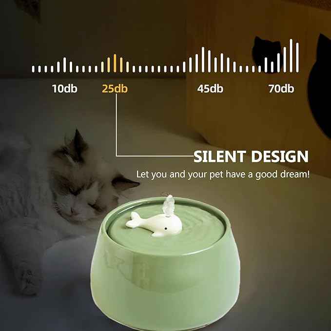 Ceramic Cat Water Fountain, 45oz/1.3L Porcelain Cat Water Dispenser, Automatic pet Water Fountain with Ultra-Quiet Pump, Perfect for Cats and Small Dogs, Cute Design (Green)