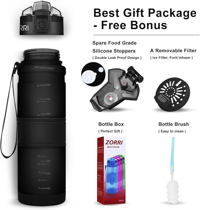 ZORRI Sports Water Bottle, 400/500/700ml/1L, BPA Free Leak Proof Tritan Lightweight Bottles for Outdoors,Camping,Cycling,Fitness,Gym,Yoga- Kids/Adults Drink Bottles with Filter, Lockable Pop Open Lid