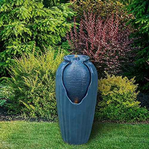 32 in. Outdoor Contemporary Glazed Contoured Vase Water Fountain with LED Lights to Create a Calming Oasis in Gardens and Landscaping