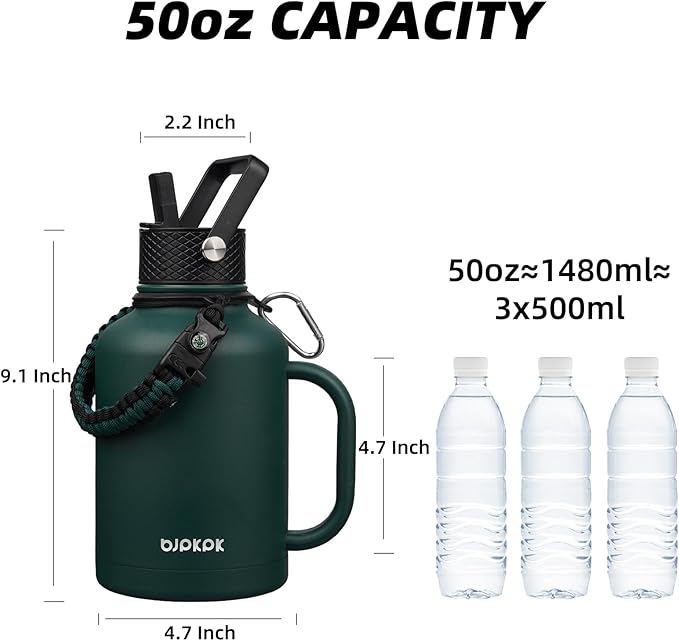 BJPKPK Large Insulated Water Bottles with Straw Lid & Handle, 50oz Water Bottle with 3 Lids and Paracord Strap, Stainless Steel Metal Water Bottle, Insulated Water Jug, Army Green