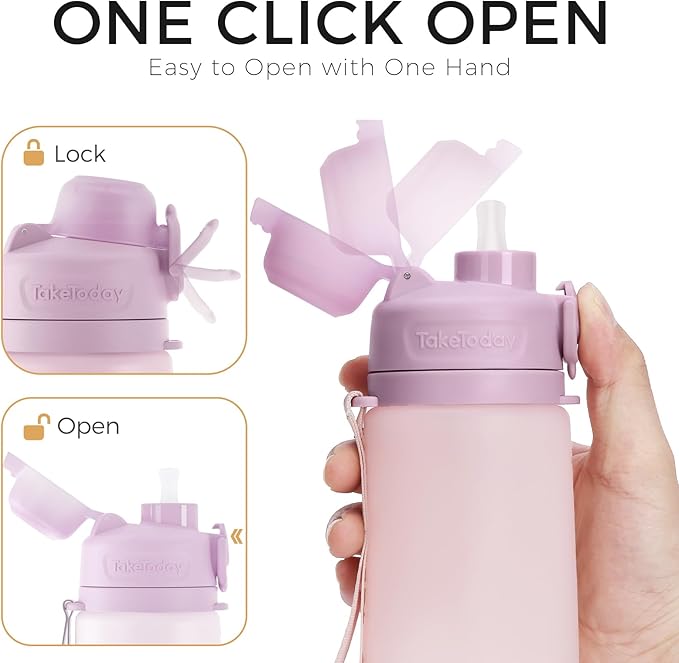 TakeToday Collapsible Water Bottles 20oz (600mL), Foldable Platinum Silicone Travel Water Bottle with Straw & Carry Strap, Leak-Resistant Screw Lid, Wide Mouth, BPA-Free for Hiking, Camping, Travel