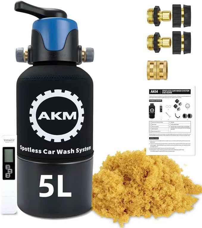 AKM Spotless Water System for car wash,Pre-Filled with DI Resin, DI Water System,Garden Hose Quick Connector, Deionized Water System for RV, Vehicles, Motorcycles, Bikes, Boats, (akmjs-BP-5L)