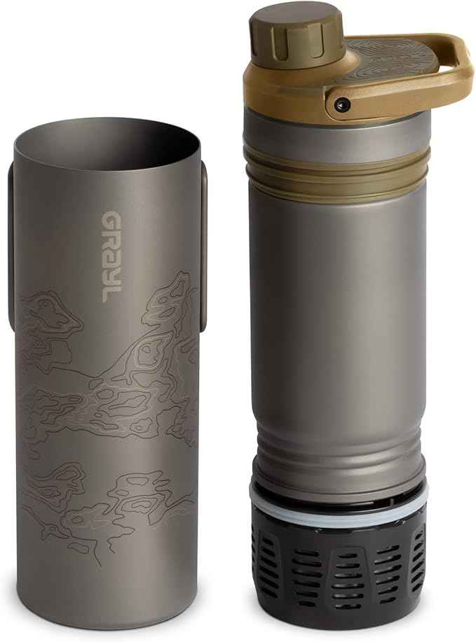 GRAYL UltraPress Titanium 16.9 oz Water Purifier & Filter Bottle for Hiking, Backpacking, Survival, Bushcraft, Travel (Coyote Brown)