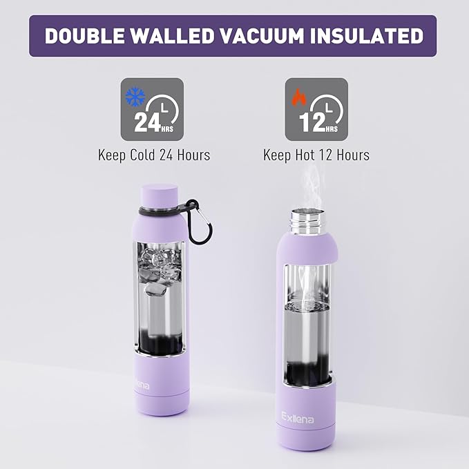 Exllena Slim Insulated Water Bottles for Travel 25oz with Clip, Double Wall Vacuum Stainless Steel Water Bottle Keeps Drinks Cold 24 Hrs/Hot 12 Hrs, 100% Leakproof, BPA Free(Purple)