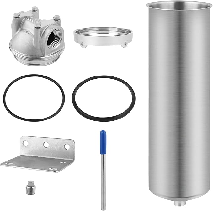 Amwater NSF/ANSI 42 Stainless Steel Whole House Water Filter Housing, 10" x 2.5" Sediment Water Filter System for Heavy Duty, Well & City Water, 3/4" NPT Port, Drain Valve Style C