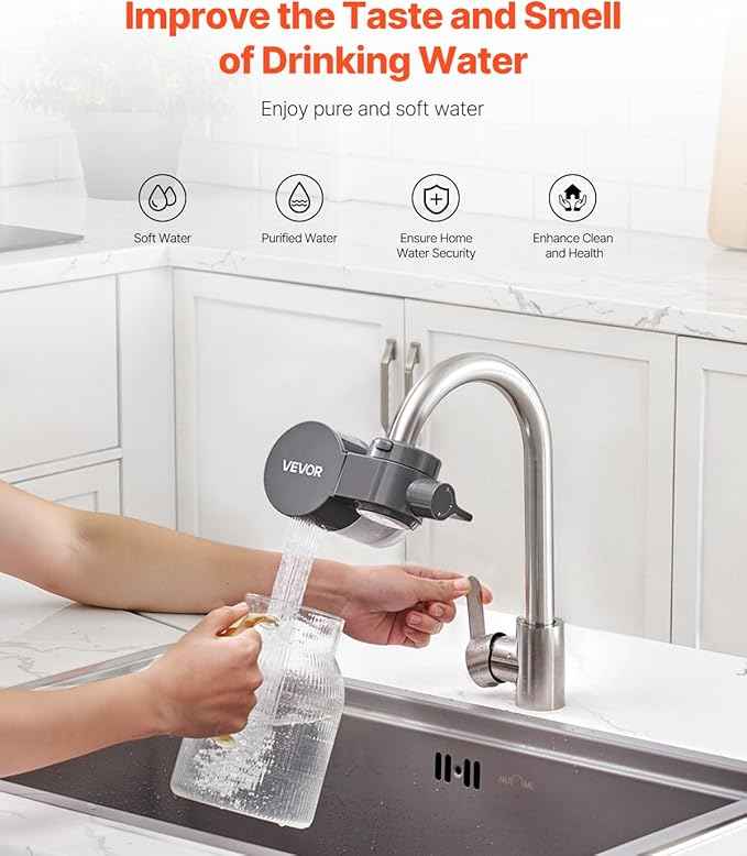 VEVOR Faucet Mount Water Filter, Horizontal Water Purifier for Sink Tap, NSF Certified Carbon Fiber Filter, Removes Chlorine Lead with 3 Filters, Fits Most Kitchen or Bathroom Faucets, Gray - AquaVibe