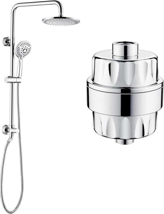 BRIGHT SHOWERS Rain Shower Head System with High Output Shower Filter for Hard Water, Chrome