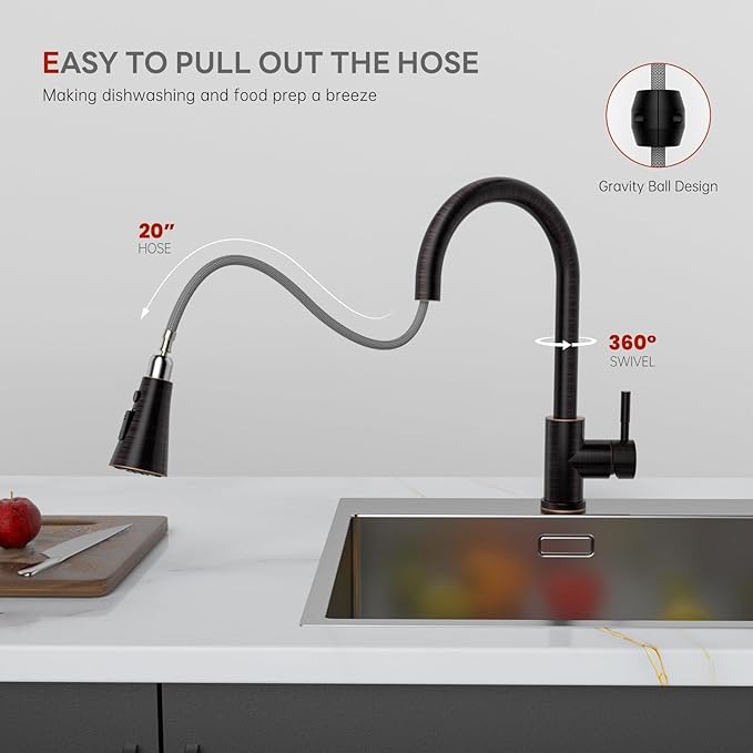 APPASO Bronze Kitchen Faucet with Pull Down Sprayer (3 Modes), Oil Rubbed Bronze High Arc Kitchen Faucet, 304 Stainless Steel 360° Swivel Kitchen Sink Faucet Single Handle Single Hole