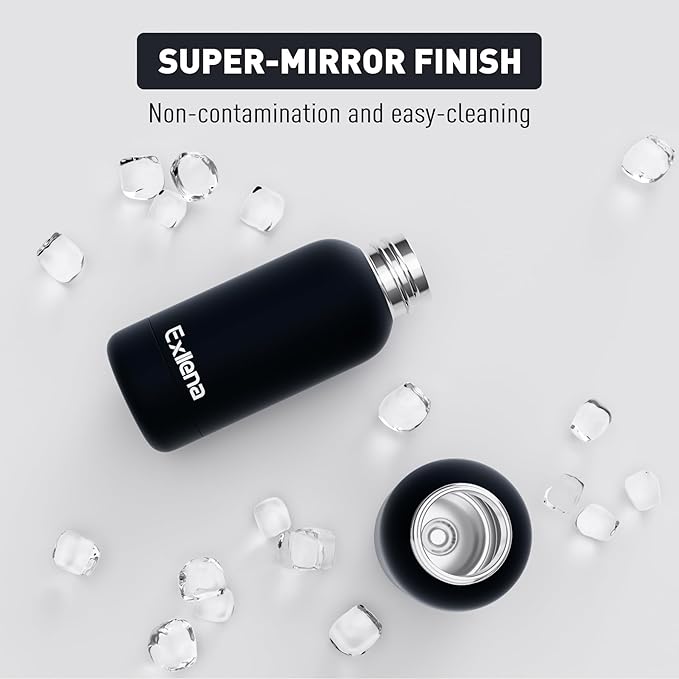 Exllena Small Water Bottle 12oz with Clip, Double Wall Stainless Steel Vacuum Small Insulated Water Bottle Keeps Drinks Cold 24 Hrs/Hot 12 Hrs for Kids Handbag School BPA Free (Black)