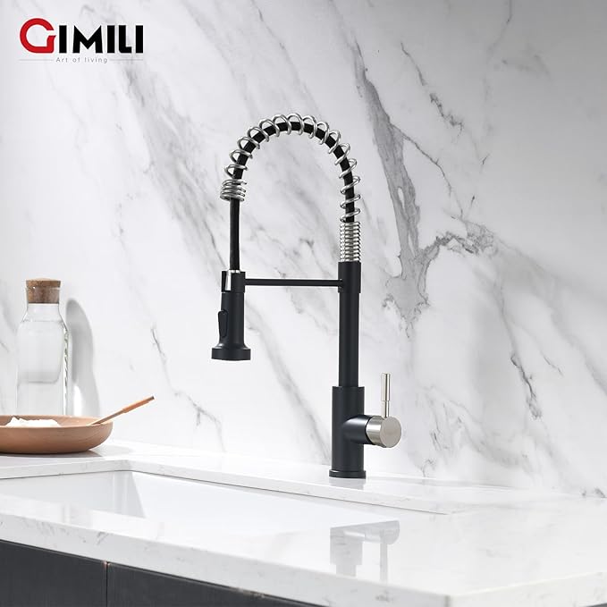 GIMILI Kitchen Faucet with Pull Down Sprayer Single Hole Stainless Steel Sink Faucet, Suitable for Farmhouses, RV, Laundry Room, Outdoor, and Campers. Llave para fregadero de cocina Black and Nickel