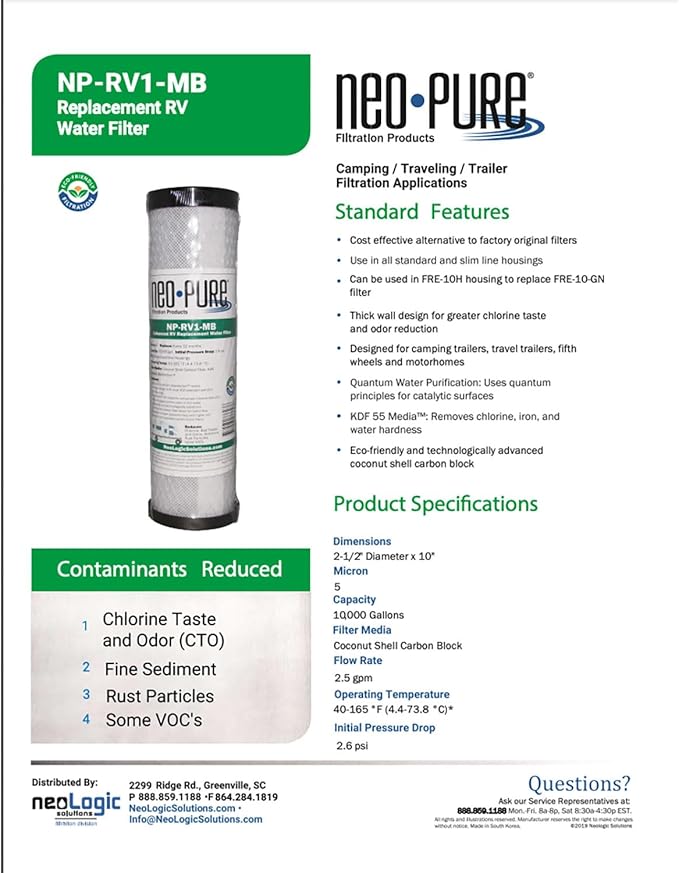 Neo-Pure NP-RV1 Replacement RV Water Filter | Compatible with Slimline & Standard Style Housings | 5 Micron Filtration for Clean, Safe Drinking Water (NP-RV1-MB)