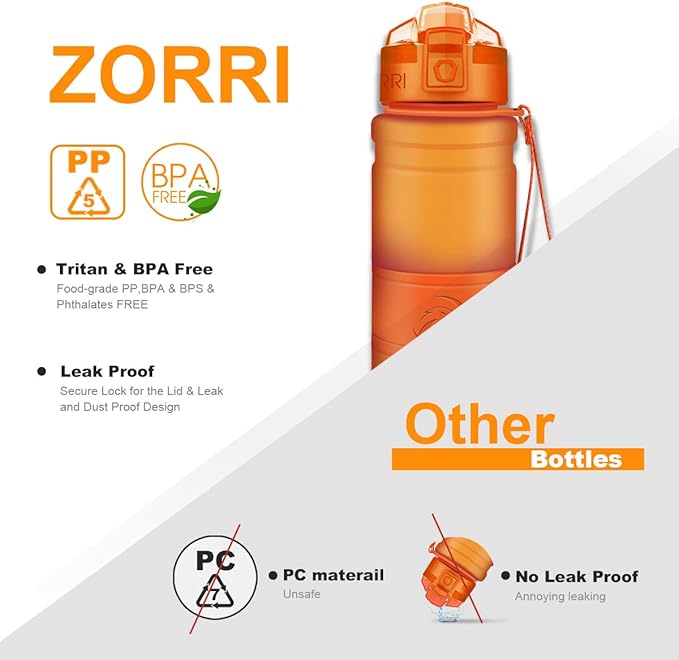 ZORRI Sports Water Bottle, 400/500/700ml/1L, BPA Free Leak Proof Tritan Lightweight Bottles for Outdoors,Camping,Cycling,Fitness,Gym,Yoga- Kids/Adults Drink Bottles with Filter, Lockable Pop Open Lid