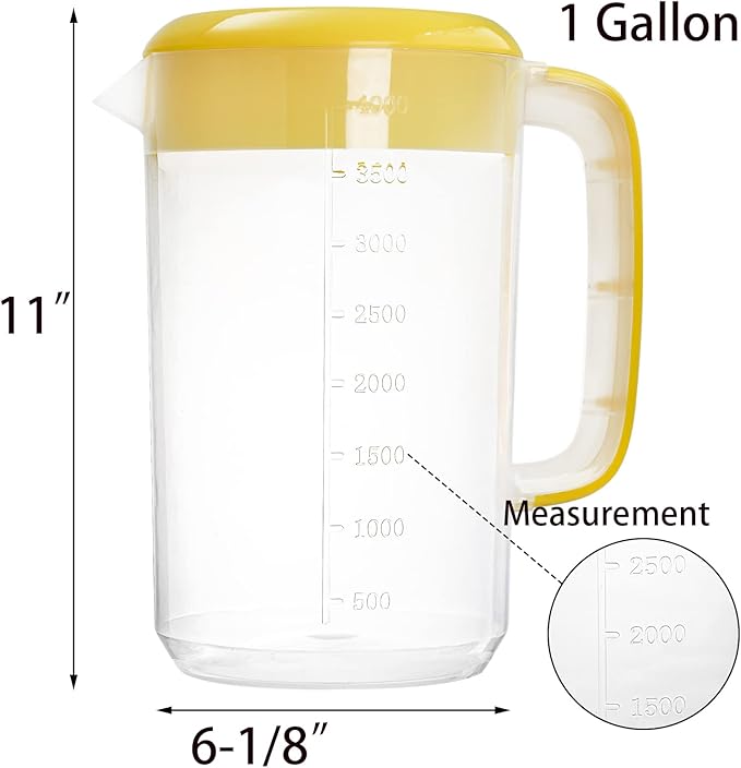 Jucoan 2 Pack 1 Gallon Plastic Water Pitcher with Lid, Large Gallon Water Jug, Juice and Iced Tea Beverage Carafe with Filter Lid, Handle, Scale for Fridge, Party