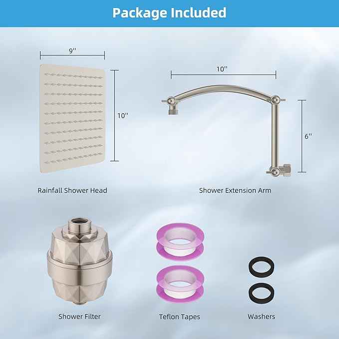 Hibbent All Metal Rain Filtered Shower Head, 10'' High Pressure Rainfall Showerhead with 16" Shower Extension Arm, 20 Stage Shower Filter, Solid Brass Adjustable Shower Arm Extender, Brushed Nickel