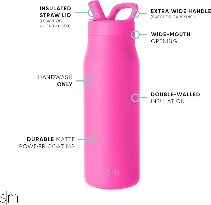 Simple Modern Water Bottle with Straw lid | Insulated Stainless Steel Thermos | Reusable Travel Water Bottles for Gym & Sports | Leak Proof & BPA Free | 34oz, Raspberry Vibes