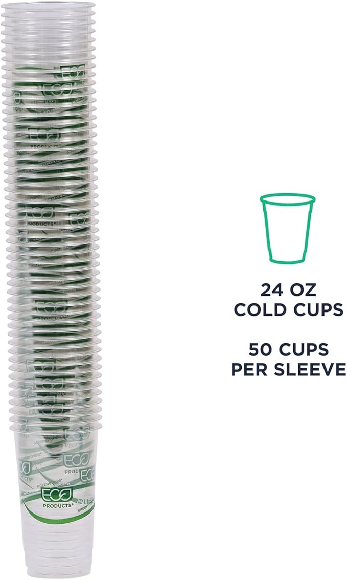 ECO PRODUCTS GreenStripe Clear Compostable 24oz PLA Large Plastic Cups, Case of 1000, Disposable Renewable Plant-Based Cold Cups, For Cold Drinks & Snacks, BPI Certified, ASTM Compliant.