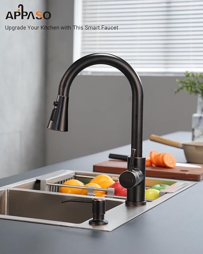 APPASO Touchless Kitchen Faucet, Oil Rubbed Bronze Sink Faucets with Soap Dispenser and Pull Down Sprayer 3 Modes, Activated Motion Sensor Hands Free with Deck Plate, High Arch