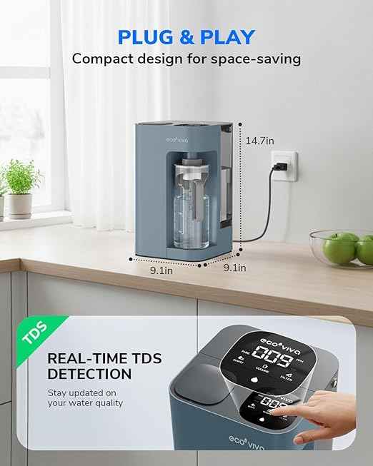Ecoviva Mate 3 Countertop Reverse Osmosis Water Filter, 8-Stage RO Water Filtration System with 44oz Water Pitcher Smart Auto-Filling, 3:1 Pure to Drain, Tabletop Purifier, Blue