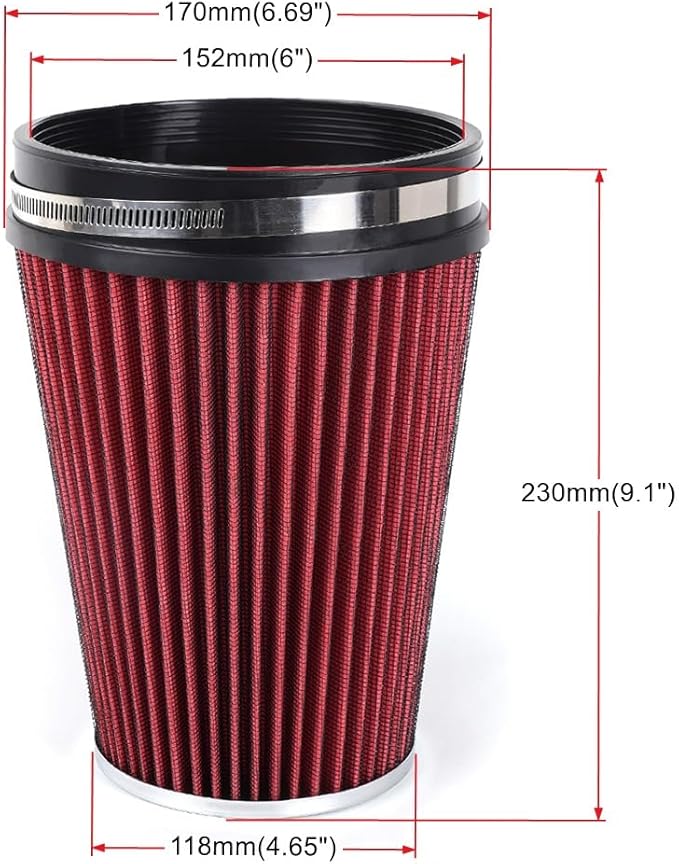 MUGE RACING 6" 152 mm High Flow Inlet Air Filter, Air Intake Cone Filter Replacement Performance Washable Clamp-On Dry, 8'' Tall(Red)