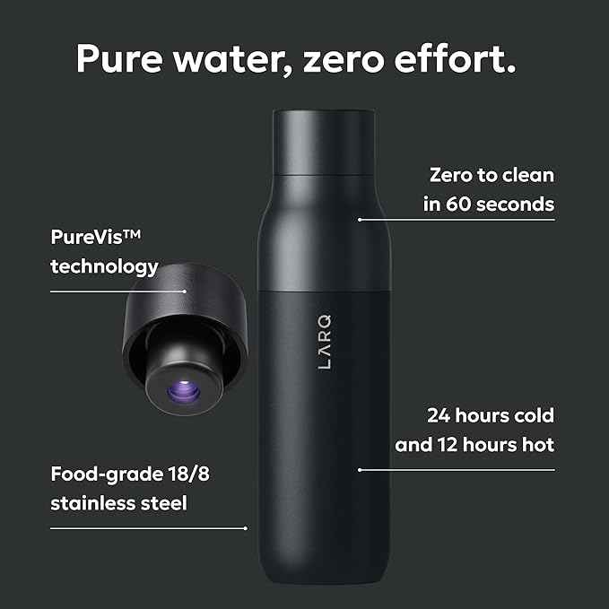 LARQ Bottle PureVis 25 oz - Self-Cleaning and Insulated Stainless Steel Water Bottle with UV Water Purifier and Award-winning Design | Reusable & Travel Friendly, Obsidian Black