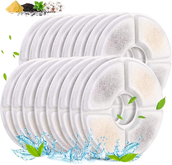 Comsmart Pet Fountain Filter Set, 3 Triple Filtration System Replacement Cat Water Fountain Filters for Round 81oz/2.4L Automatic Pet Fountain Cat Water Fountain (Pack of 16)