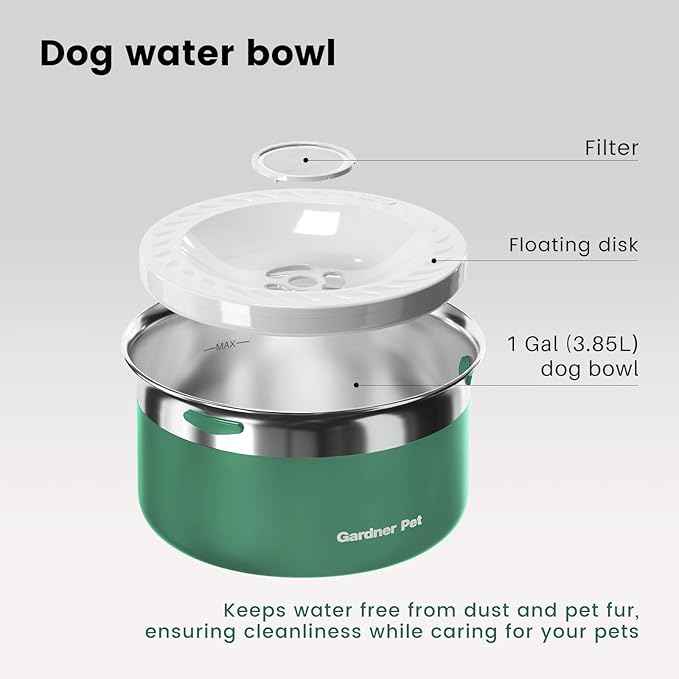 Gardner Pet Dog Bowls 1 Gallon (3.85L) Stainless Steel No Spill Dog Water Bowl, Slow Water Feeder Metal Bowls, Spill Proof Water Dispenser for Large Dogs, Promotes Healthy Hydration(Green)