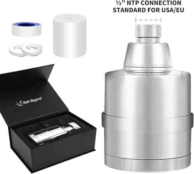BathBeyond Shower Filter Head 2-in-1 Vitamin C 15 Stage High Output Water Filter With cartridge for Hard Water - Removes Chlorine Fluoride and Improves The Condition of Your Skin, Hair (Nickel)