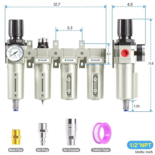 TAILONZ PNEUMATIC 0-240 PSI 1/2 Inch NPT Industrial Grade 4-Stage Air Drying System, Particulate Filter, Dual Desiccant Dryer, 5 Micron & 0.01 Micron Filtration (Auto Drain) - AquaVibe