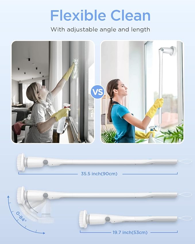 Electric Spin Scrubber, 360 Cordless Shower Scrubber, Electric Spin Cleaner with 4 Replaceable Shower Cleaning Brush Heads and 1 Extension Arm for Tub, Tile, Kitchen, Bathroom