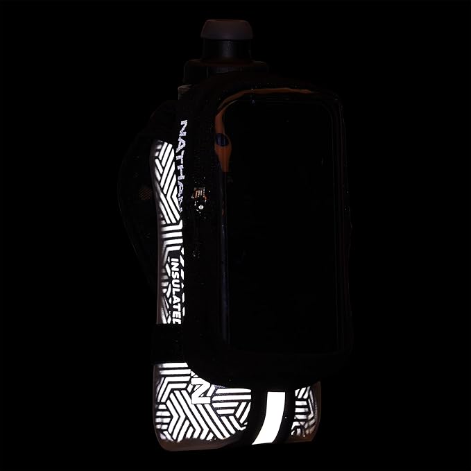 Nathan SpeedDraw 2 Insulated Handheld Running Water Bottle Flask 18oz – Double-Wall Insulation, Ergonomic Grip, Blast Valve Cap, Phone & Key Storage Pockets, Reflective Design