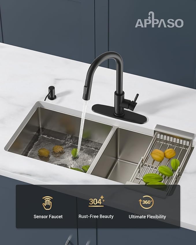 APPASO Matte Black Touchless Kitchen Faucet with Pull Down Sprayer – Hands-Free Motion Sensor, 2 Spray Modes, Built-in Soap Dispenser, High Arc Stainless Steel for Kitchen Sink